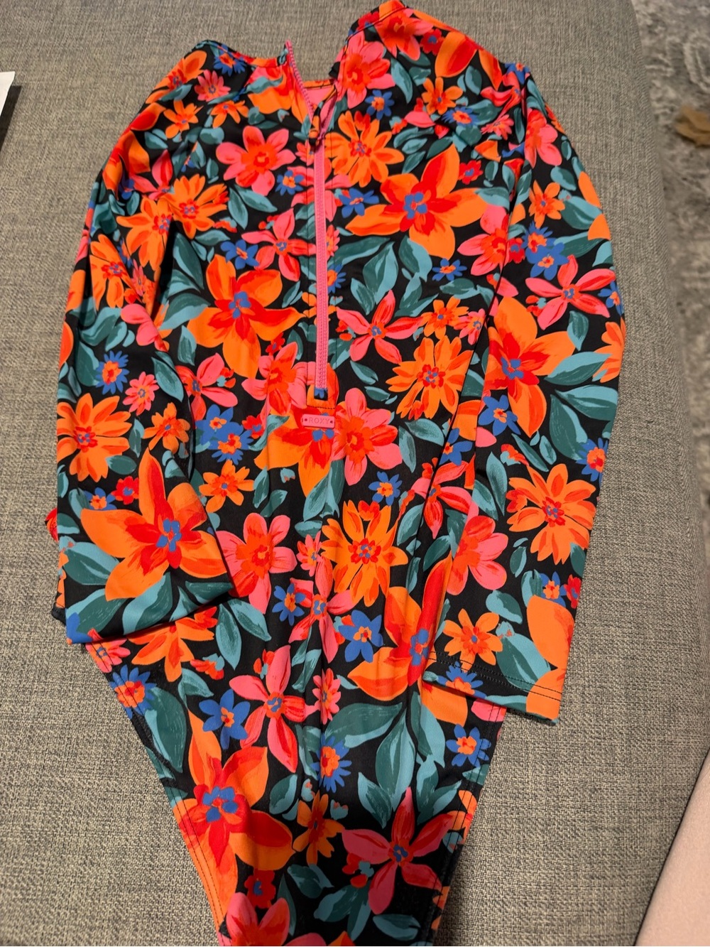 Roxy Girls' Floral Long-Sleeve Rash Guard Swimsuit - Vibrant Orange & Pink